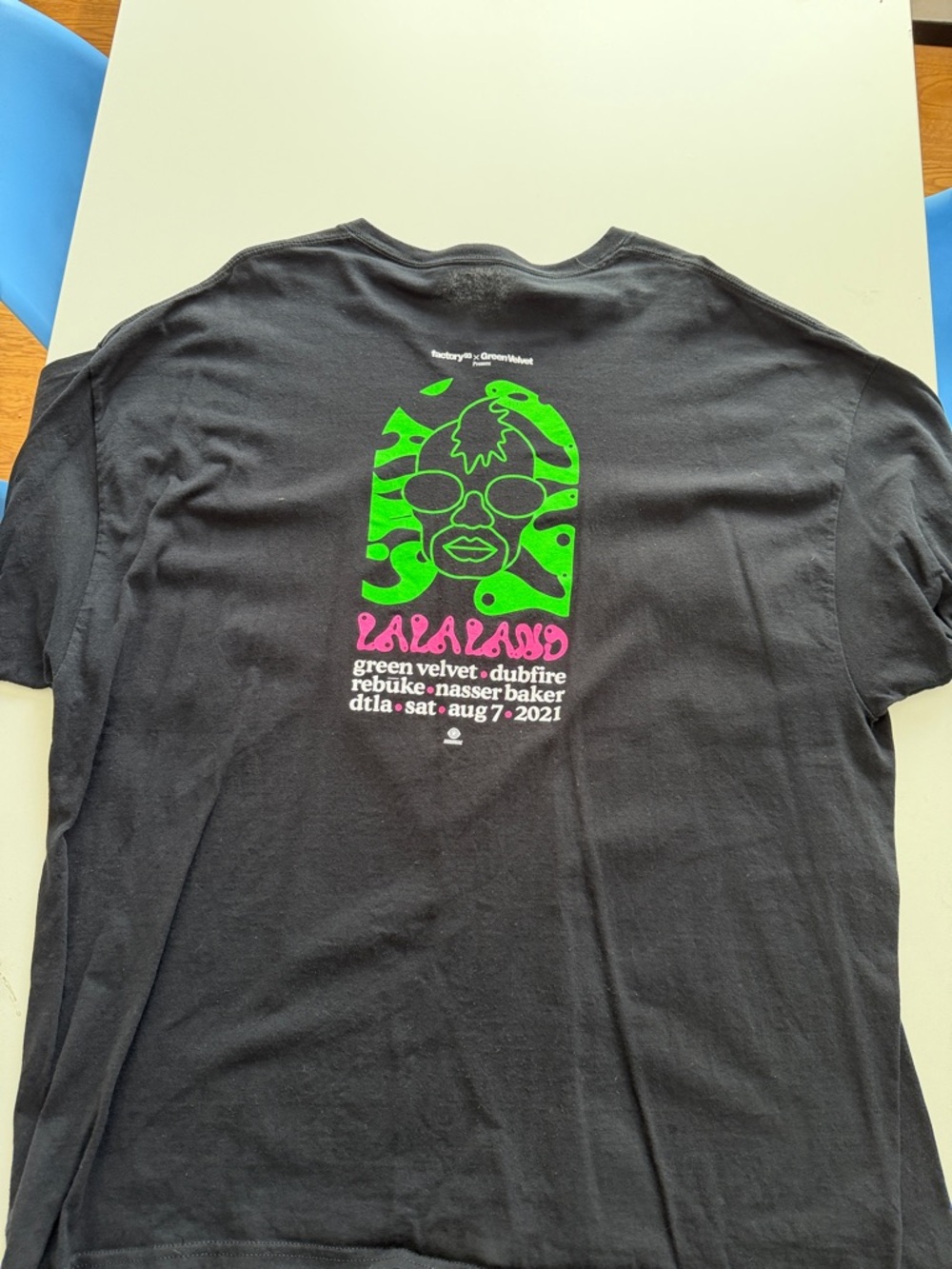LALALAND green velvet Graphic Tee — Black with Neon Green & Pink Print